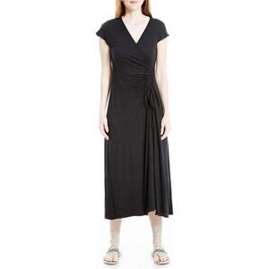Max Studio Faux Wrap Side Ruched Midi Dress in Black Crinkled Jersey, Size Small
